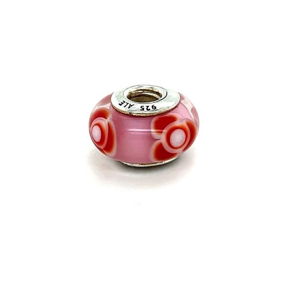 Pandora Red Flower Murano Pink Glass Charm - Picture 1 of 3